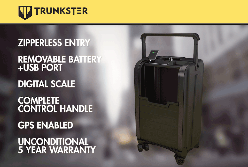 Trunkster – Zipperless Luggage with GPS, Battery, Scale